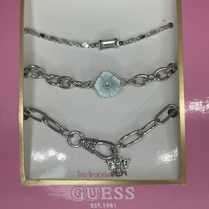 Guess Silver Tone Floral Bee Bracelet (3 Piece Set) Chic Trendy Fashion Elegant